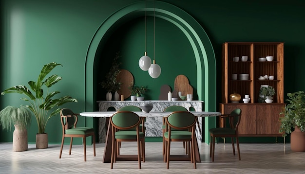 Design de jantar de interiores com mesa redonda de madeira e cadeiras Generative Ai