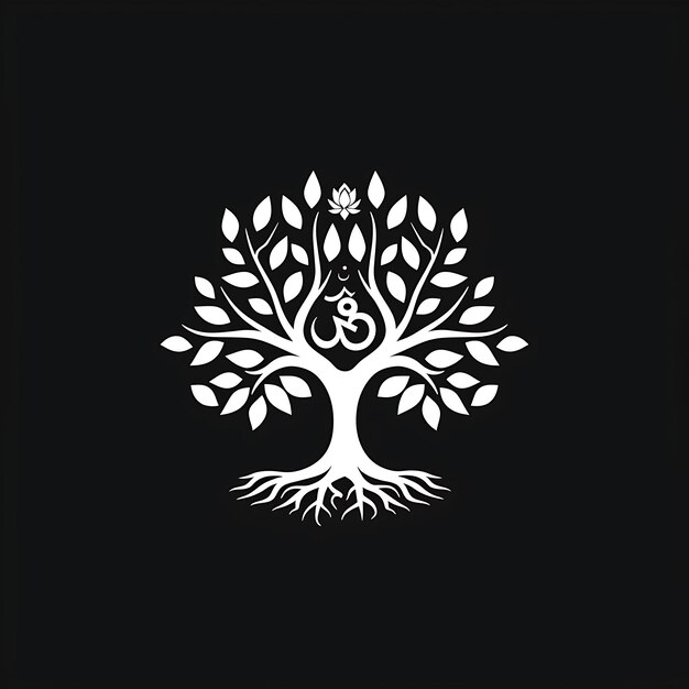 Design de Logotipo da Árvore Bodhi Histórica com Lótus Decorativo e Tatuagem do Símbolo Om Design de Arte de Tinta Simples