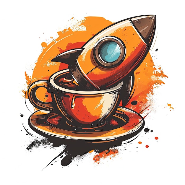 design de logotipo de camiseta de foguete de xícara de café logotipo de maquete
