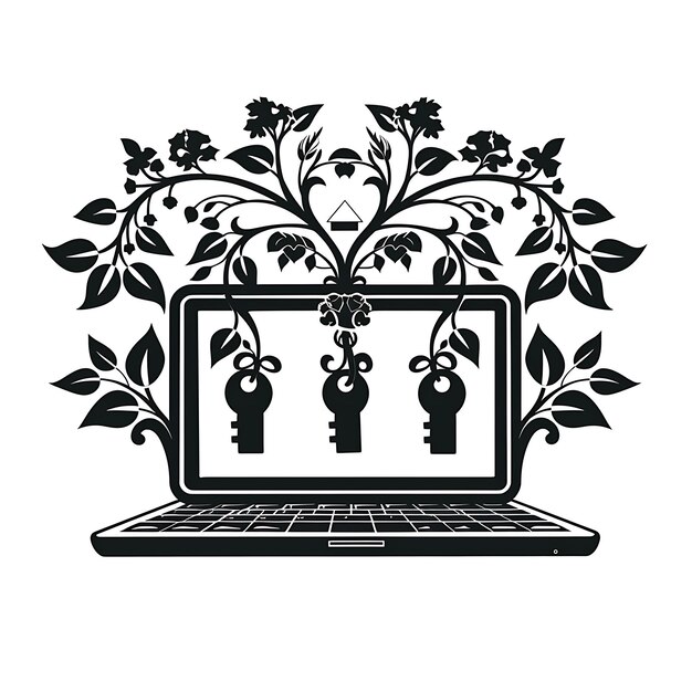 Foto design de logotipo de laptop ivy tecnológico com chaves decorativas e tinta de tatuagem avançada design de arte simples