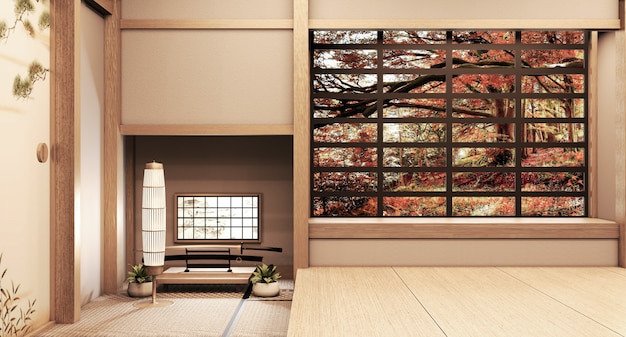 Foto design de madeira da janela de papel no quarto vazio branco no design de interiores japonês do piso de madeira. renderização 3d