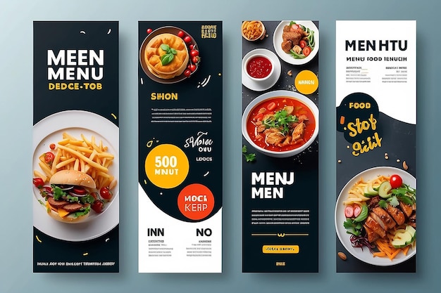 Foto design de modelo de banner de menu de comida criativo e moderno conjunto de histórias de mídia social e quadros de postagem