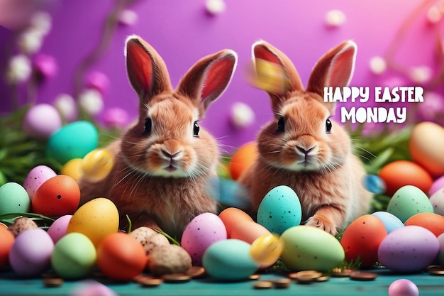 Design de modelo de segunda-feira de Páscoa com coelhos e ovos para histórias de mídia social