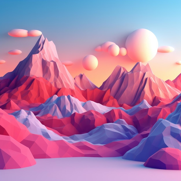 Design de montanhas no pôr do sol selvagem e nuvens pastel ilustração 3d Generative Ai