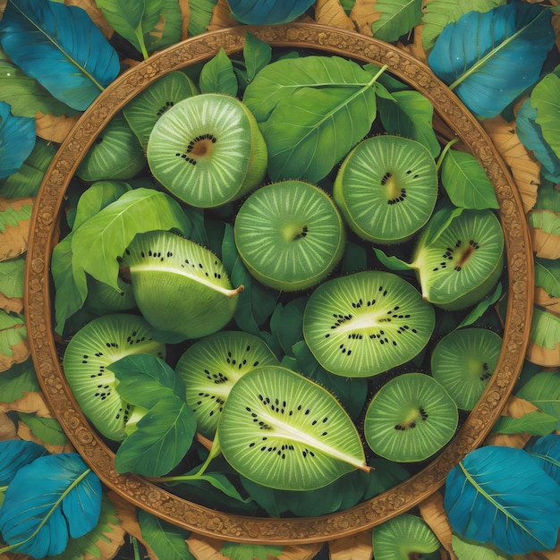 Design de mosaico de natureza simétrica com padrão de oásis caprichoso de kiwi