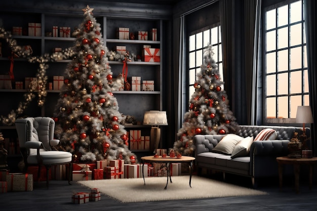 Design de natal de interiores na sala de estar com decoração de árvore de natal generativa ai