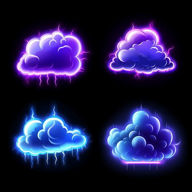 Design de néon do ícone da nuvem relâmpago Emoji com conjunto de adesivos tempestuoso eletrizante e Powe Clipart