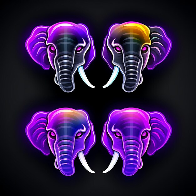 Design de néon do ícone de rosto de elefante Emoji com conjunto de adesivos majestoso surpreso com sono e clipart