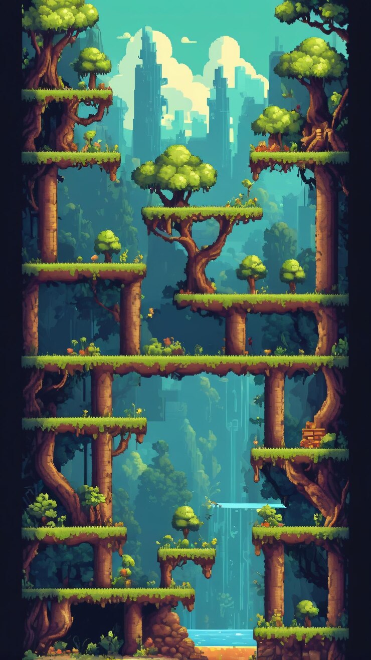Foto design de nível de jogo de pixel plataforma de jogo de ativos de fantasia ambiente de 8 bits construção com degraus de pedra
