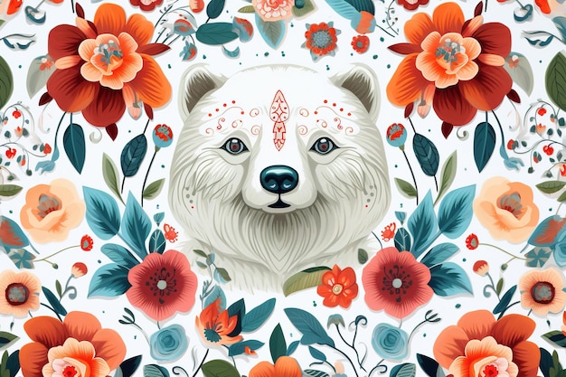 Design de padrão usando cabeça de urso, flores e folhas Ilustração de animais selvagens IA generativa