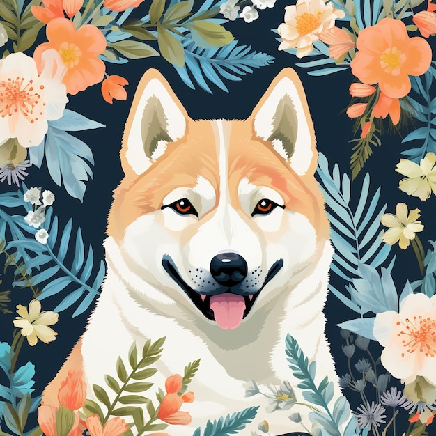 Design de padrão usando cachorro Akita Inu e flores e folhas Pet Illustration Generative AI