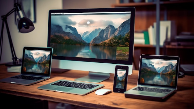 Foto design de página web responsivo moderno mostrado em tablet laptop e dispositivos de telefone em uma mesa de escritório generative ai