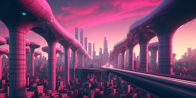 Design de panfleto moderno com pôster cidade futurista rosa em fundo rosa para design de jogos Fundo digital moderno abstrato Generative Ai