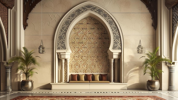 Design de parede de estilo árabe-islâmico com arco Generative Ai