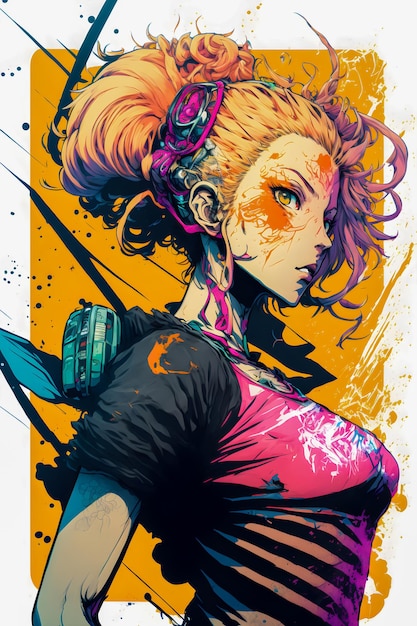 Um personagem no estilo de cyberpunk e anime