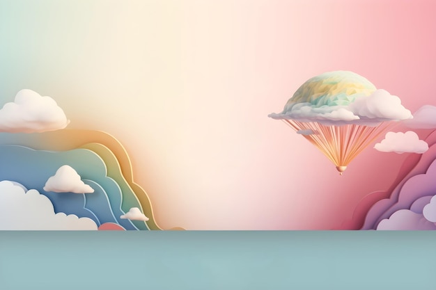 design de plano de fundo da página de destino com balão de ar quente de montanha e nuvem em tons pastel suaves