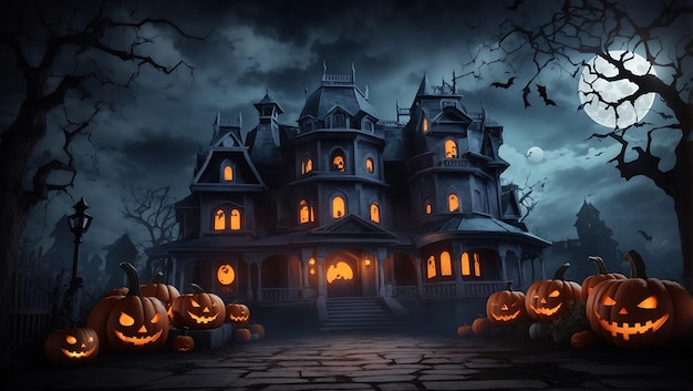 Design de plano de fundo de horror de cena de Halloween com papel de parede de abóboras do diabo gerado por AI
