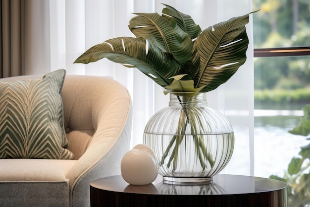 Design de quarto contemporâneo e moderno com um vaso de vidro cheio de folhas tropicais