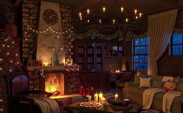 Design de quarto de Natal Luzes de árvore de Natal Velas e guirlanda Iluminação Lareira Noite de inverno