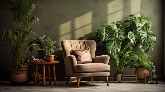 Foto design de quarto interior com poltrona e plantas em vaso de fundo