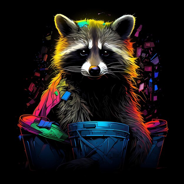 Design de Raccoon Urban Explorer Linhas de Neon Squiggly Latas de lixo Mascaradas Clipart T-shirt Design Glow