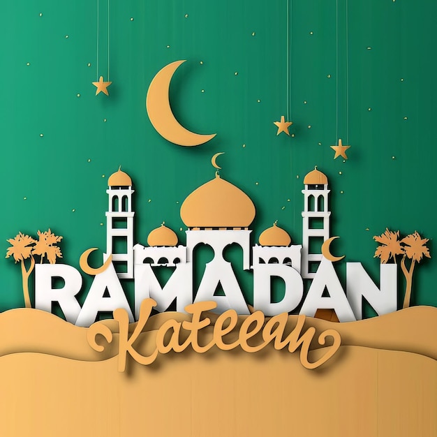 Design de Ramadan Kareem em estilo de arte em papel ilustração de fundo crescente e cenário de mesquita