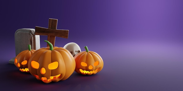 Design de renderização 3D para bandeira de Halloween com sepultura de crânio de crucifixo de abóbora em fundo roxo