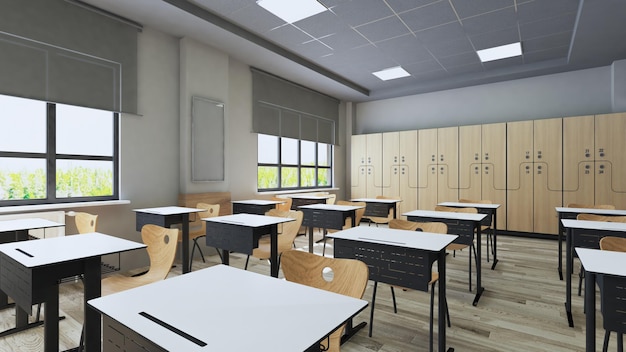 Design de sala de aula com assentos de mesas modernas e renderização em 3D de guarda-roupa