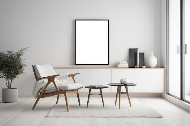 Design de sala de estar branca Vista de interior de estilo escandinavo moderno com cadeira e moldura de cartaz.