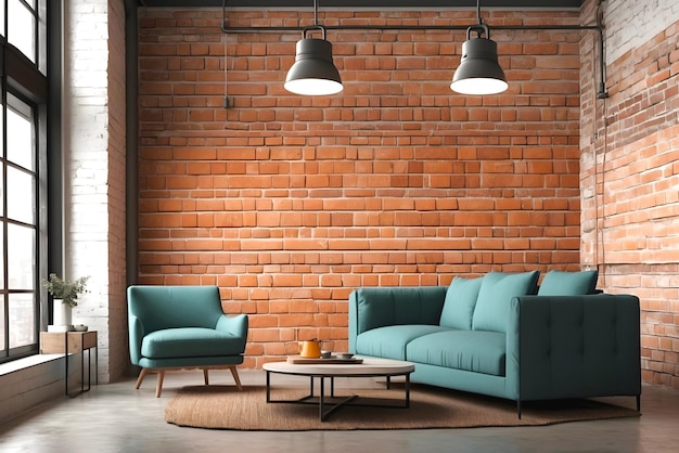 Design de sala de estar de interior minimalista industrial moderno parede de tijolos e conceito de sofá-cama