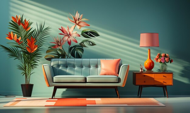 Design de sala de estar em estilo retro vintage Foco suave seletivo