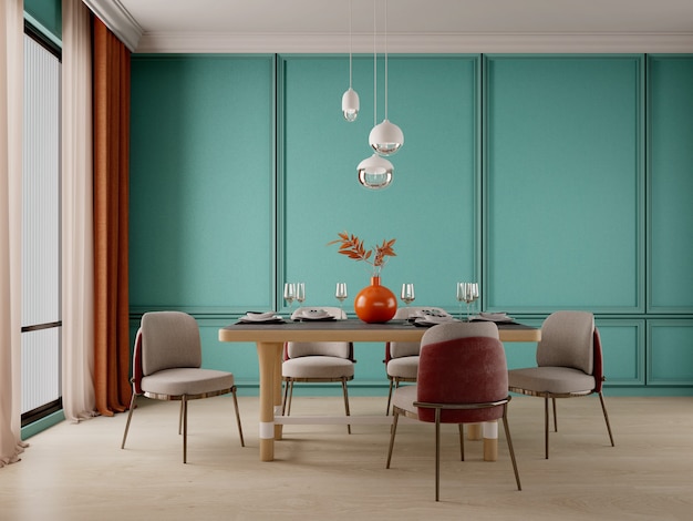 Design de sala de jantar com cadeira de parede verde e piso de madeira