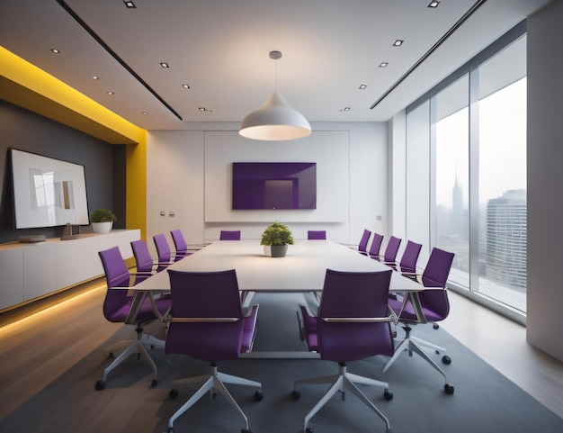 Design de sala de reunião minimalista com mesa comprida e decoração na parede