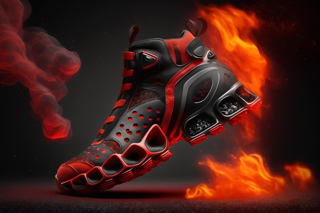 Design de sapato de tênis vermelho e preto renderização 3D com fundo de fumaça