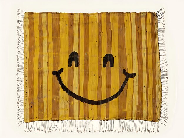 Design de tapete de tecido plano com listras amarelas silenciadas com decoração de rosto sorridente Outline Art Concept Collage