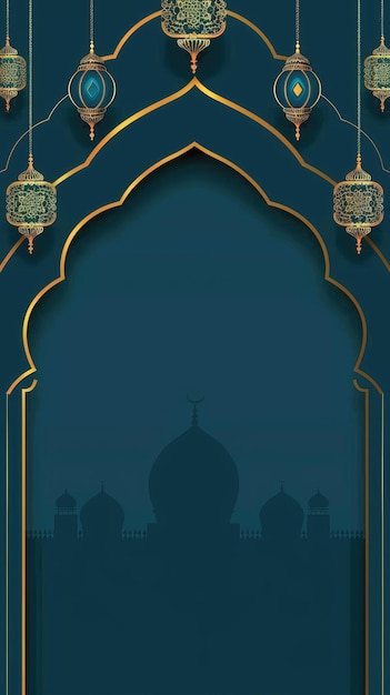 Design de vetor de arco islâmico Radiante fundo azul escuro com luz dourada e lanternas ornamentadas