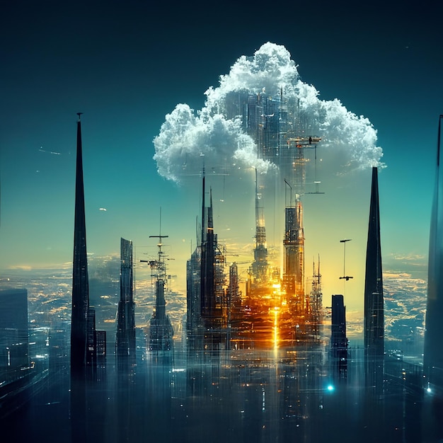 Design der futuristischen Sky City abstrakte Turmarchitektur Illustrationsdesign Internetverbindung der Datenübertragung über die Leitung