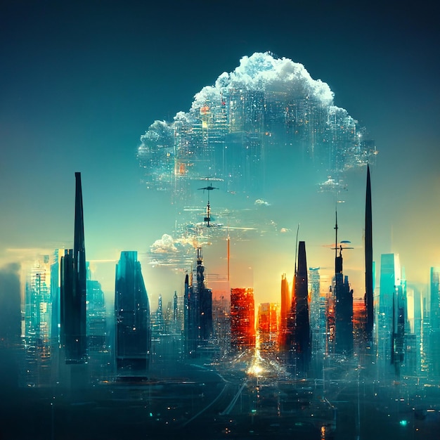 Design der futuristischen Sky City abstrakte Turmarchitektur Illustrationsdesign Internetverbindung der Datenübertragung über die Leitung