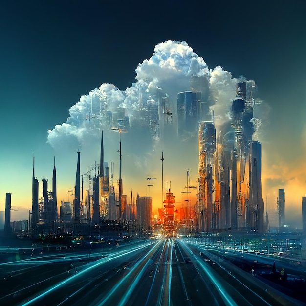 Design der futuristischen Sky City abstrakte Turmarchitektur Illustrationsdesign Internetverbindung der Datenübertragung über die Leitung