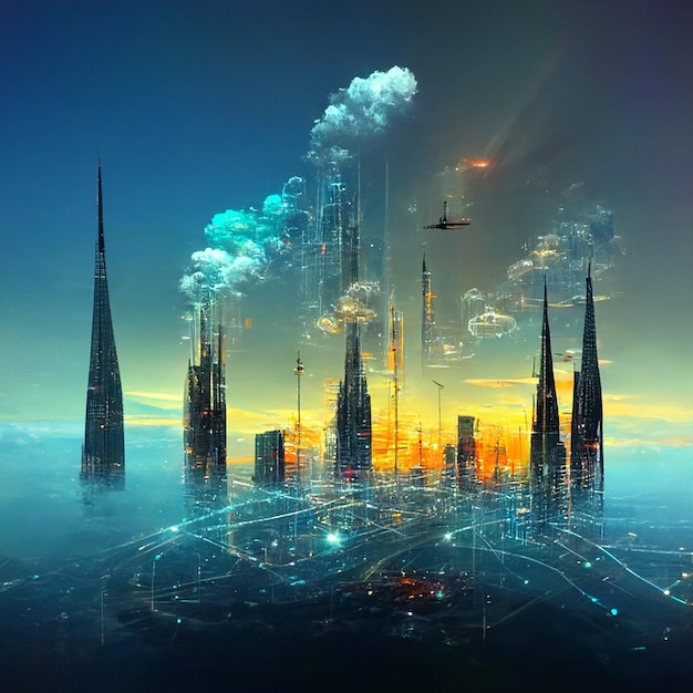 Design der futuristischen Sky City abstrakte Turmarchitektur Illustrationsdesign Internetverbindung der Datenübertragung über die Leitung