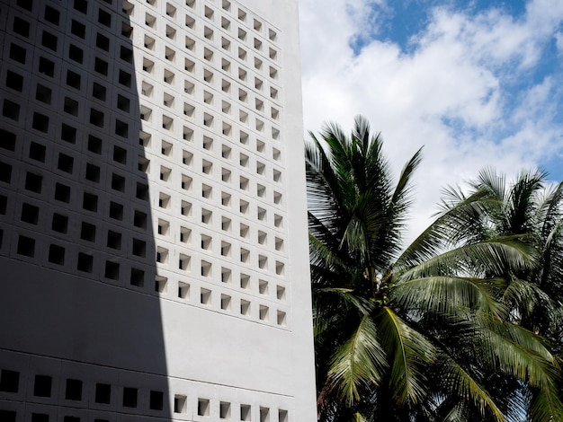Design des Lüftungsblocks Wandmuster aus Zement-Lüftungsblöcken im modernen Betongebäude im Loft-Stil im Freien mit grüner tropischer Palme und blauem Himmelshintergrund an sonnigen Tagen