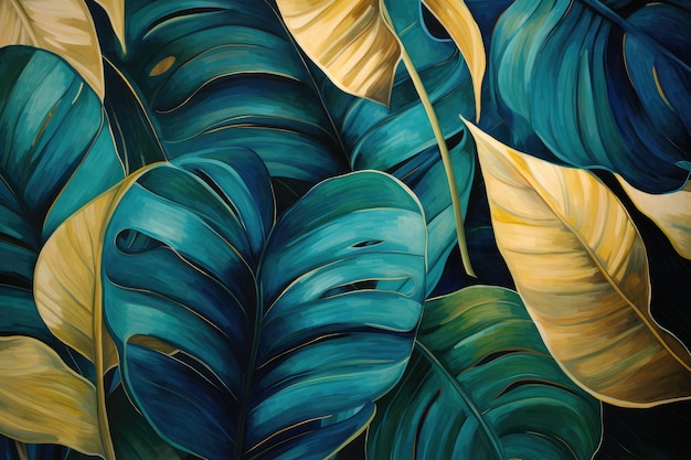 Design elegante de folhas tropicais azuis, verdes e douradas