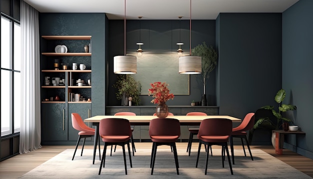 Design elegante de sala de jantar de estilo escandinavo com paredes escuras e madeira e luzes simples