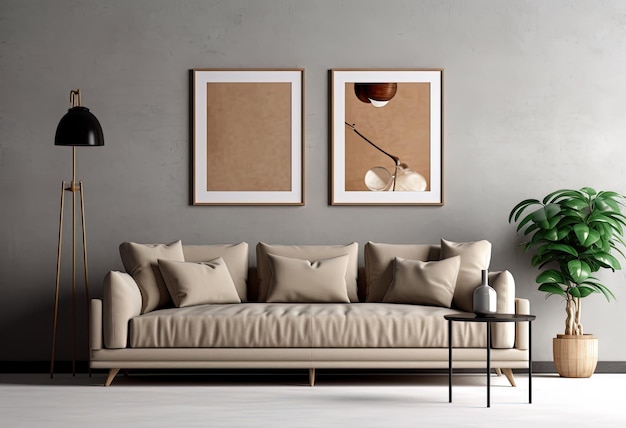 Design elegante e moderno de uma sala de estar com sofá, mesa de café e pintura de reboque na parede