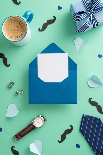 Foto design elegante e refinado do dia dos pais vista superior do envelope com carta, gravata, relógio de pulso, botões de punho, bigodes, xícara de café e acessórios dispostos em um fundo azul com espaço para texto