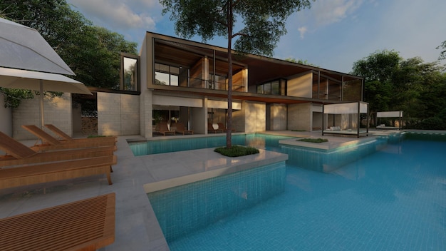 Design exterior de piscina de casa duplex renderização em 3d