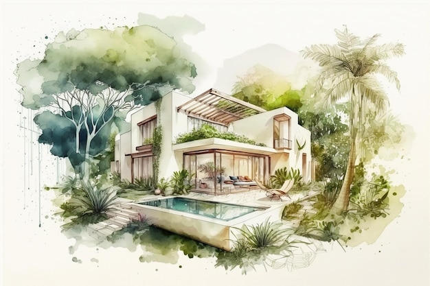 Design exterior e interior com piscina tropical villa generativa ai