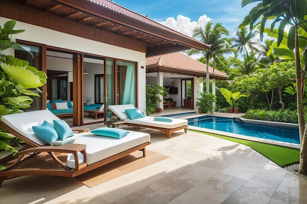 Design exterior e interior mostrando villa com piscina tropical, jardim verde com espreguiçadeira e céu azul