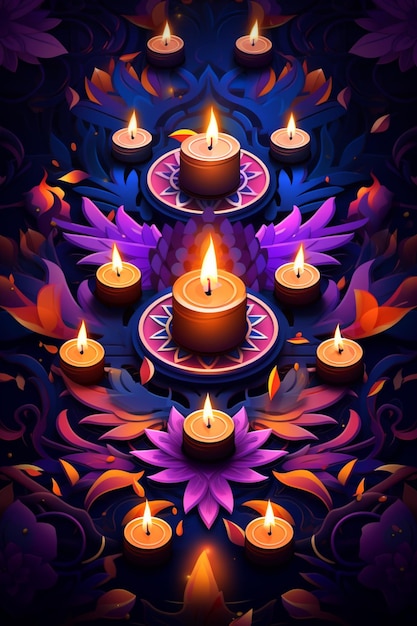 Design feliz de diwali com flores e velas acesas em fundo roxo