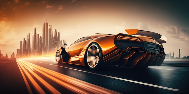 Design futuro de carro esportivo super elegante e luxuoso dirigindo na rodovia da cidade moderna